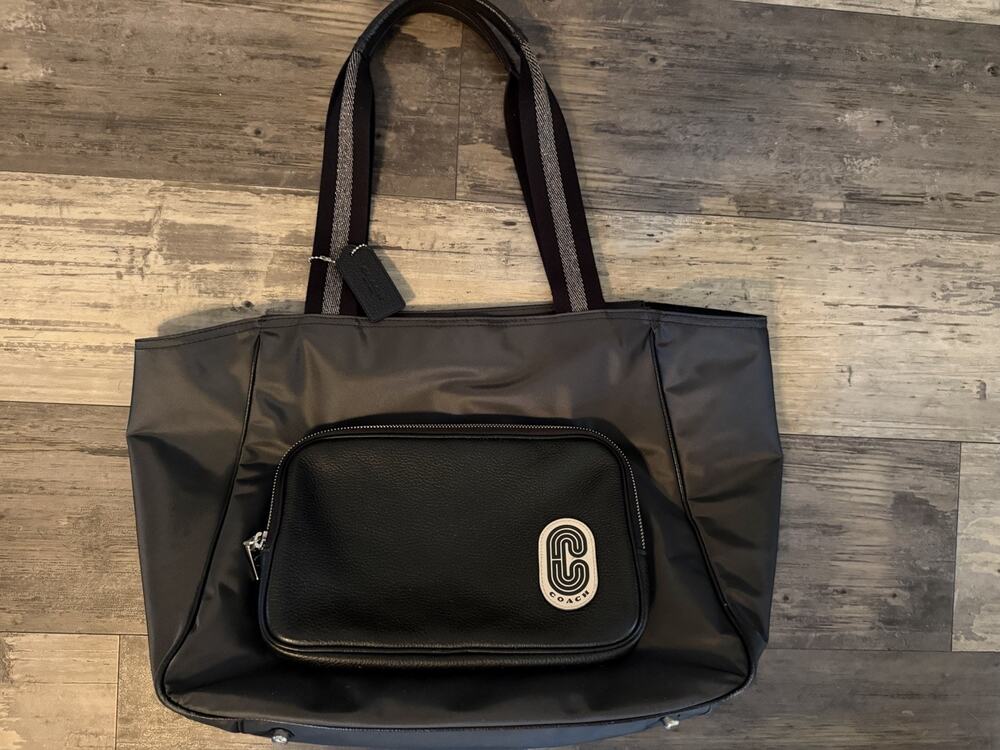 Coach Black Nylon Leather Tote Bag Front Zip Pocket Retro C Logo N1122-06049